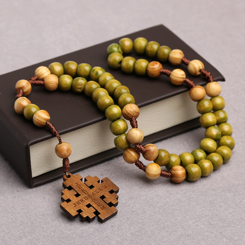 Wholesale Woven prayer bead wooden cross pendant necklace