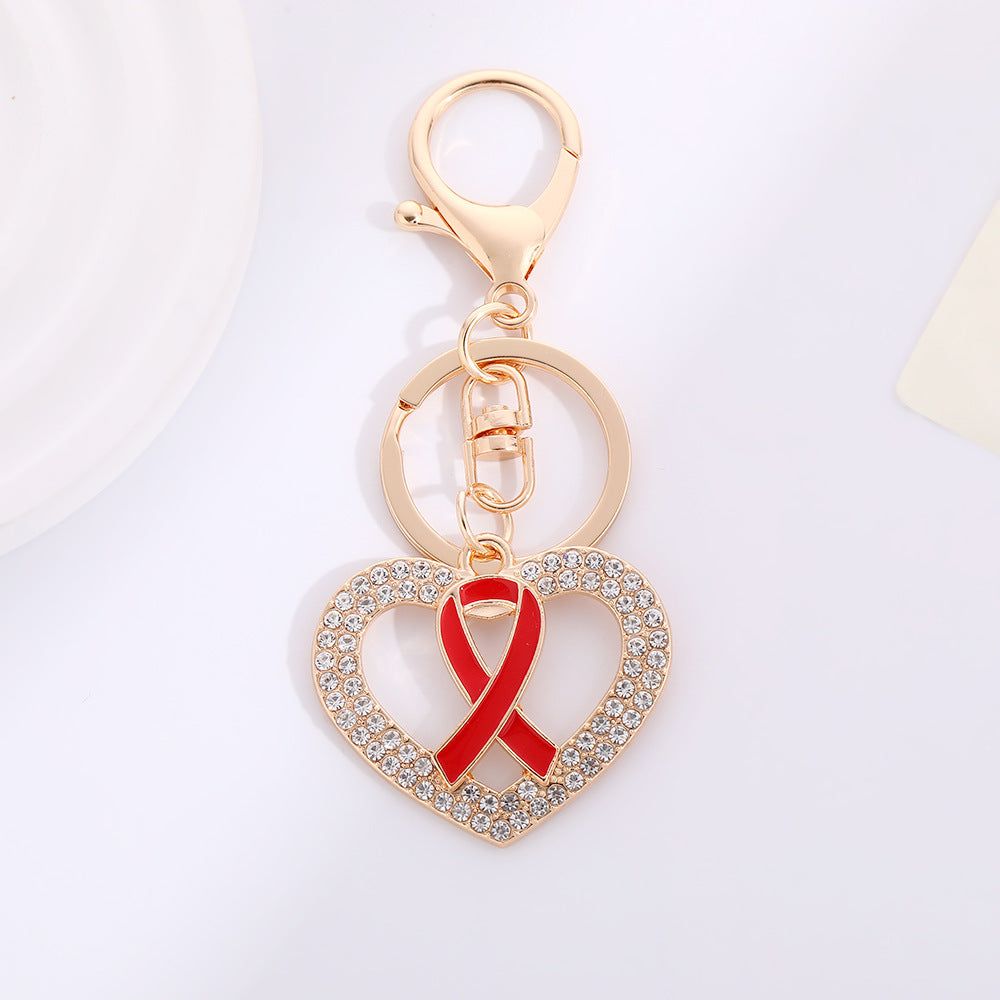 Wholesale Love Pink Ribbon with Water Diamond Metal Keychain
