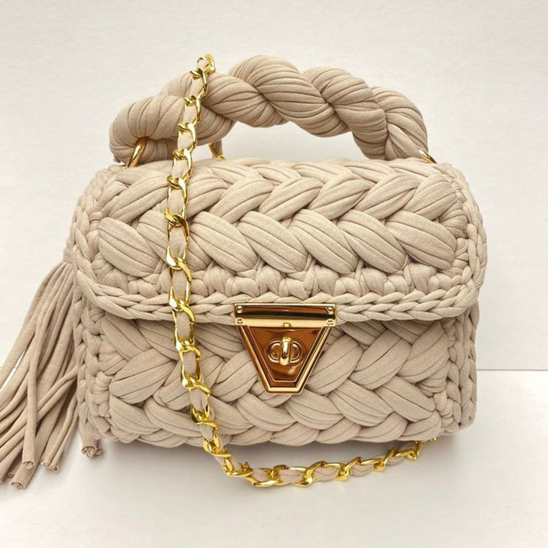 Wholesale Handmade Polyester Woven Handbags with Colored Chain Strips and Diagonal Cross Shaped Handbags