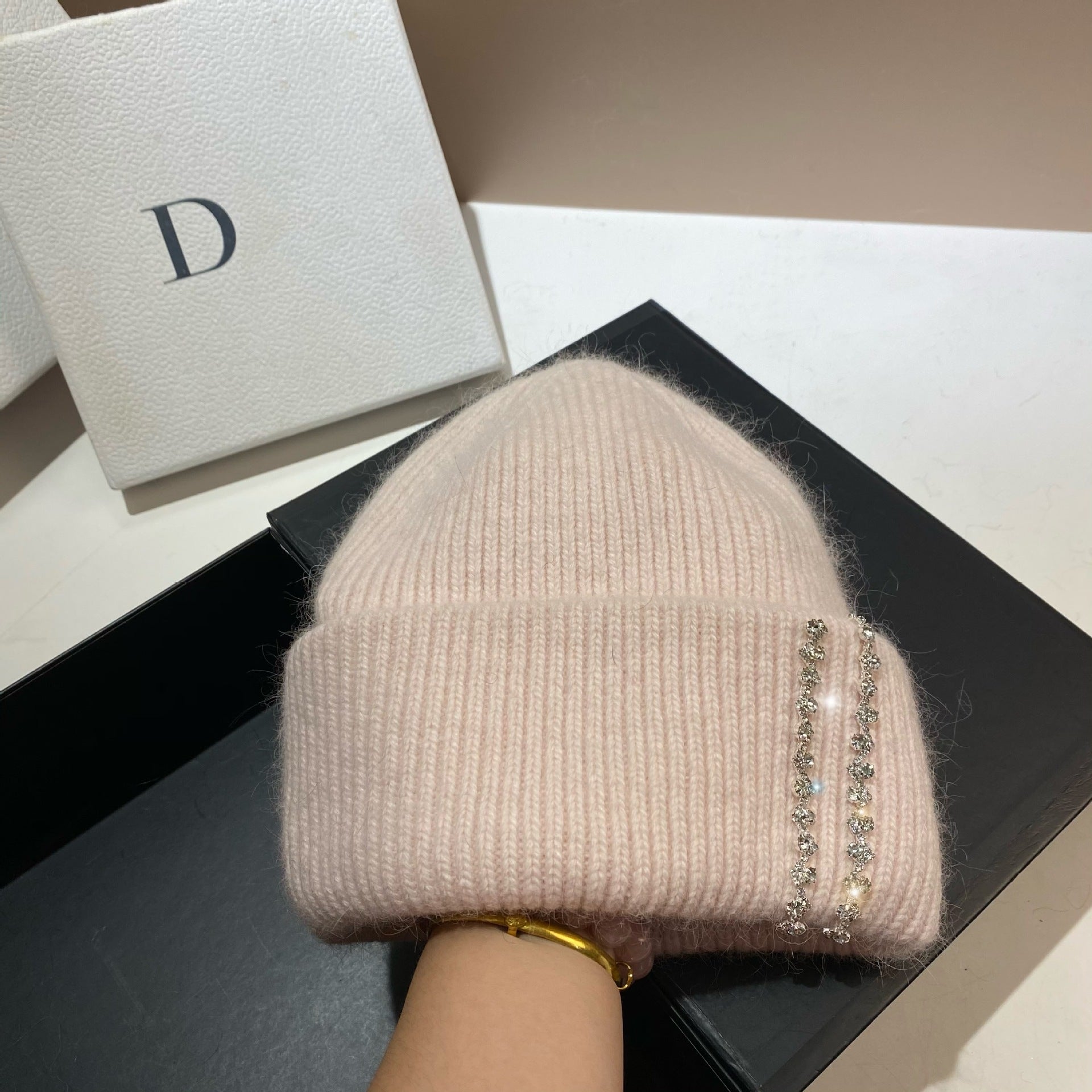 Wholesale Long Rabbit Fur Bi-fold Knitted Rhinestone Beanie