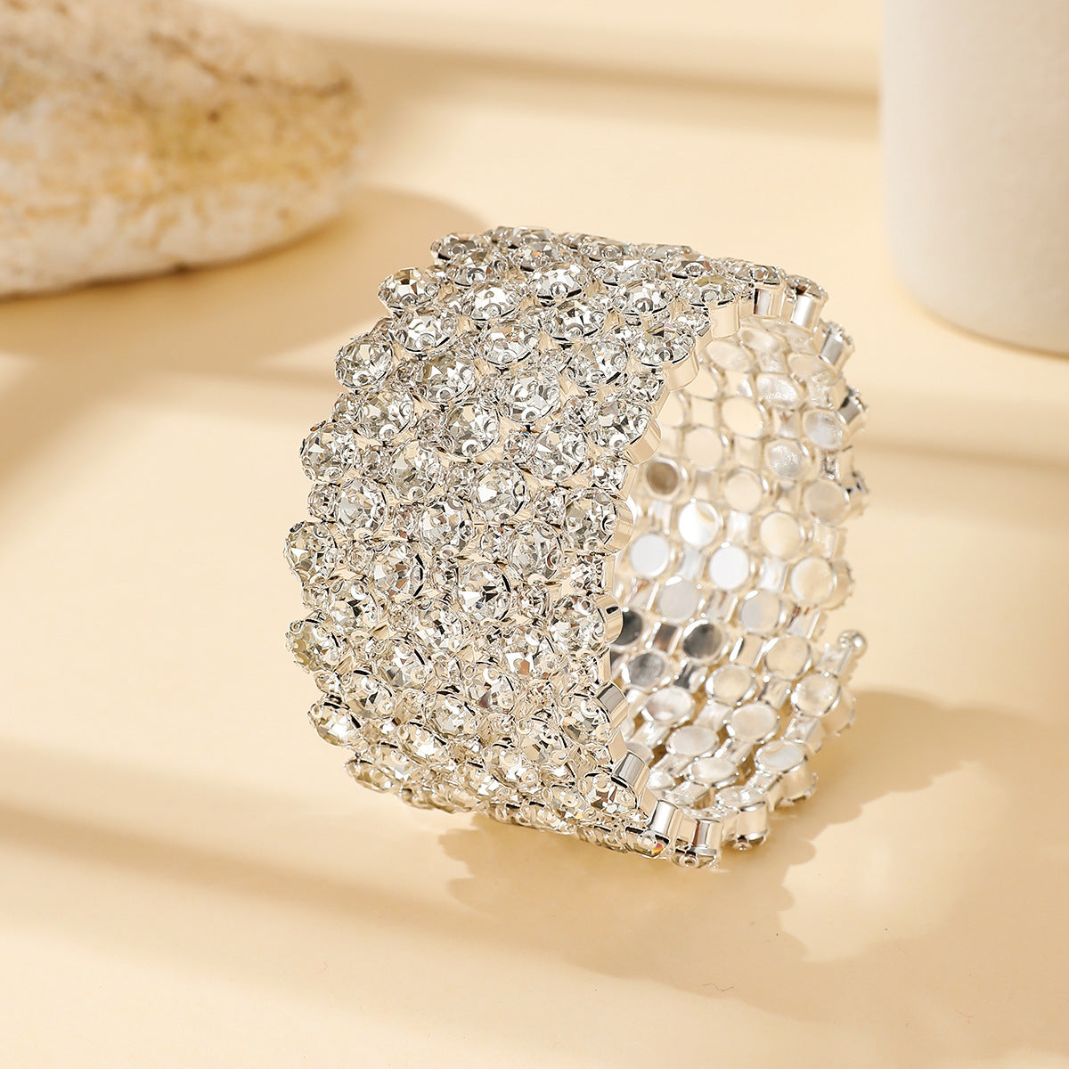 Wholesale Double Row Rhinestone Open Bangle Bracelet Silver Tone Stylish Wedding Jewelry Accessory For Party And Everyday Wear