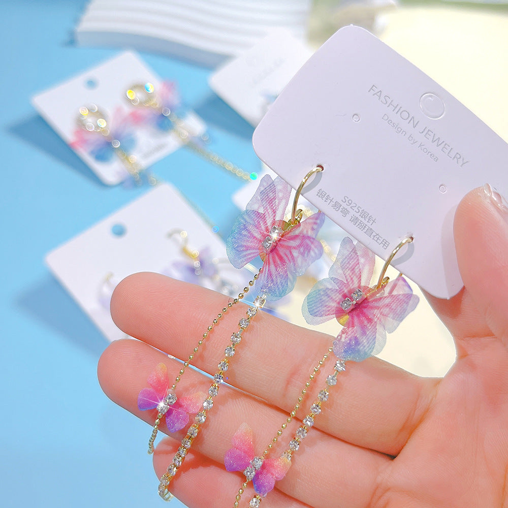 Wholesale Colored Organza Tassels Butterfly Micro-paved Rhinestone Long Earrings