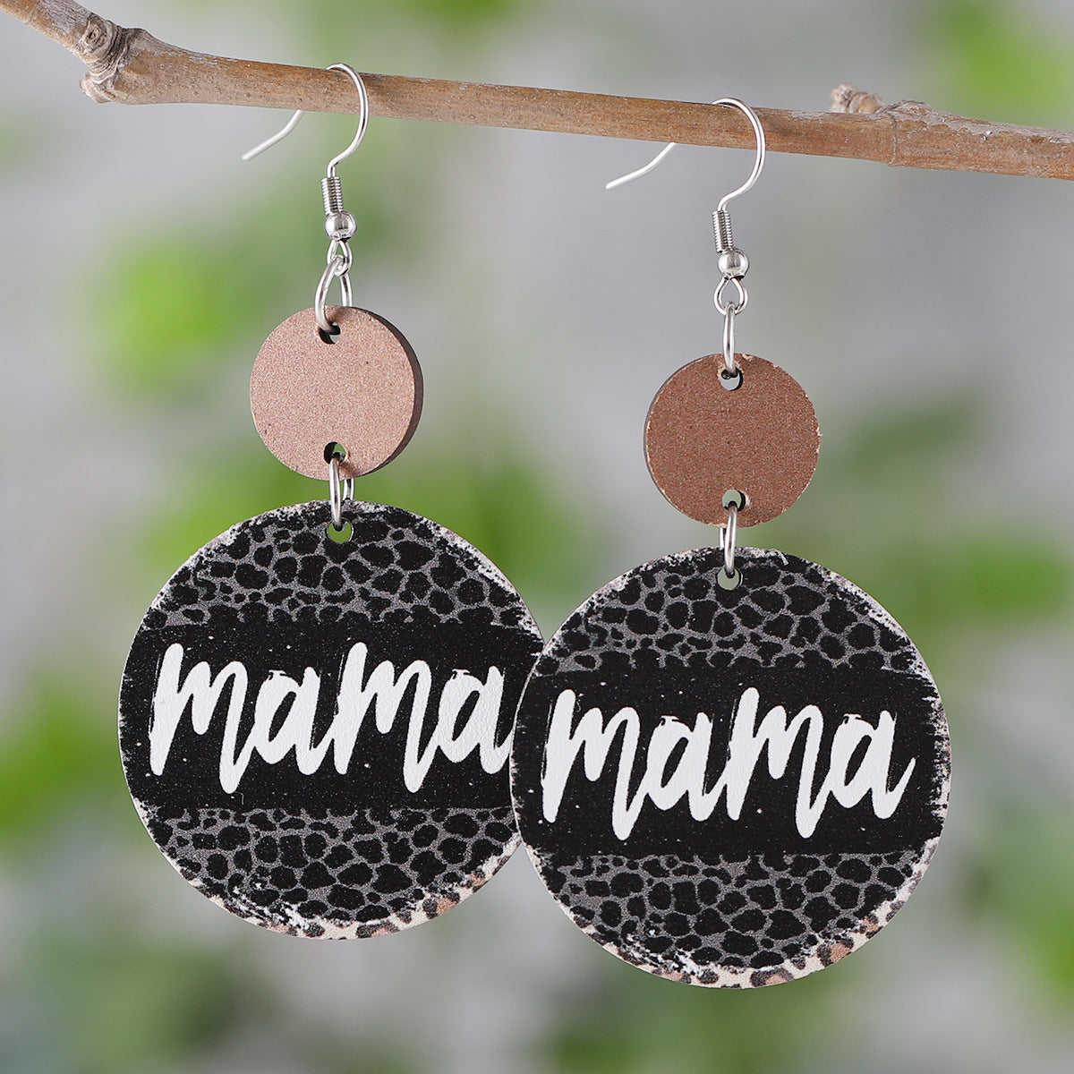 Wholesale Mother' s Day Leopard GIGI MAMA Pendant Wooden Double-sided Earrings