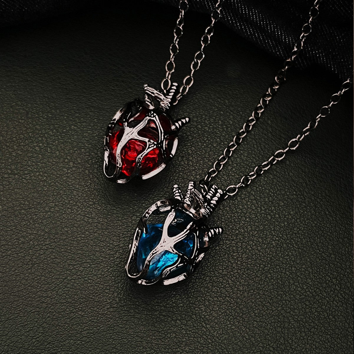 Wholesale Gothic dark style hollow heart red blue glass heart pendant necklace