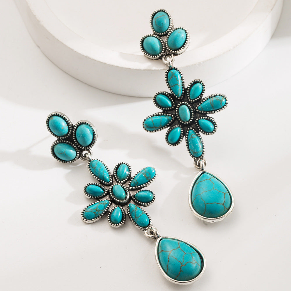 Wholesale Vintage cross inlaid turquoise earrings for women bohemian style