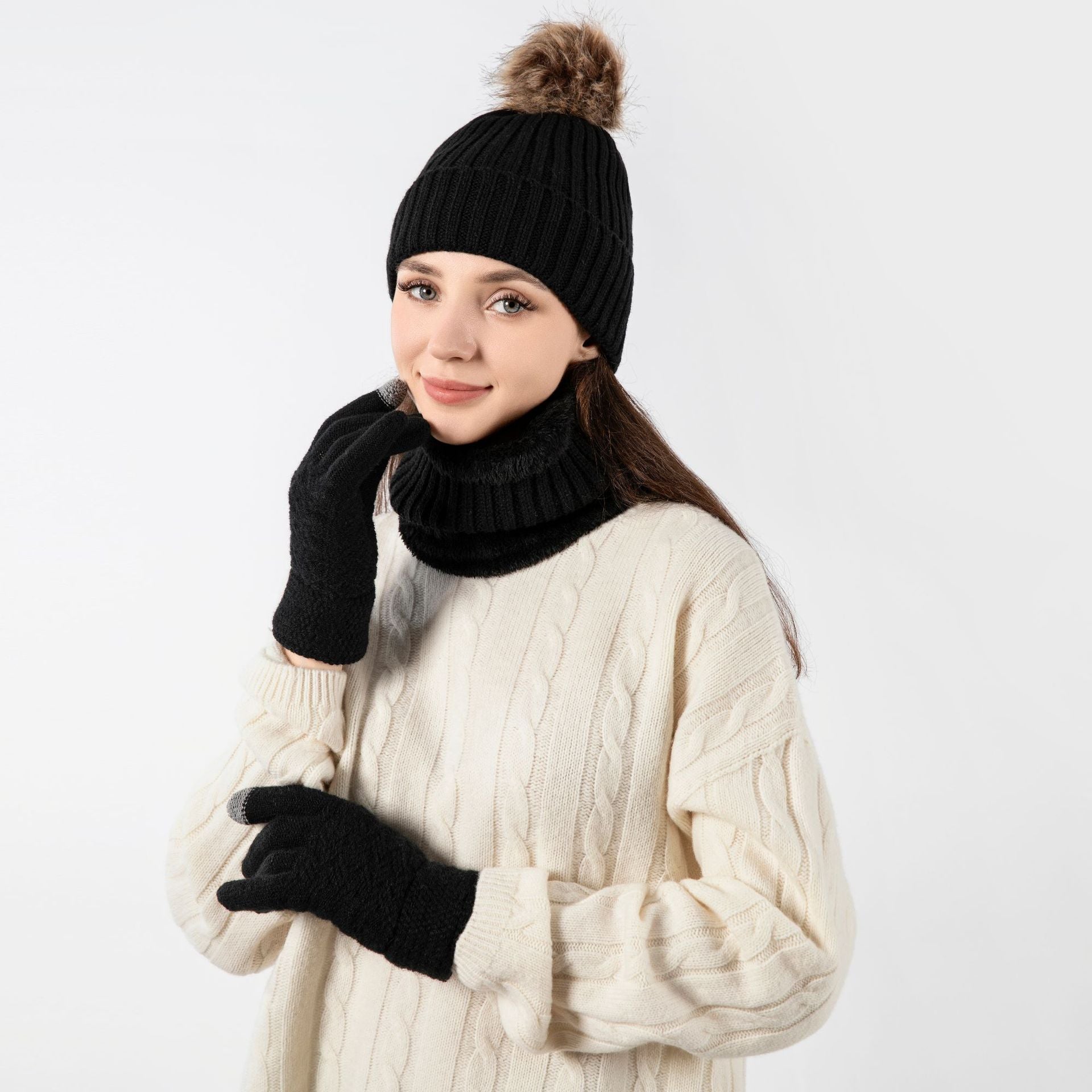 Wholesale Knitted Wool Warm Plus Velvet Thick Winter Scarf Gloves Hat Neck Three-piece Set