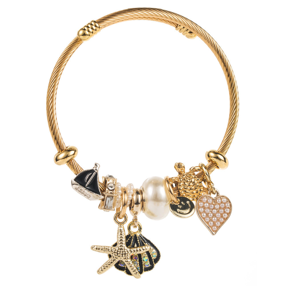 Wholesale Diamond studded starfish shell vacation style adjustable bracelet