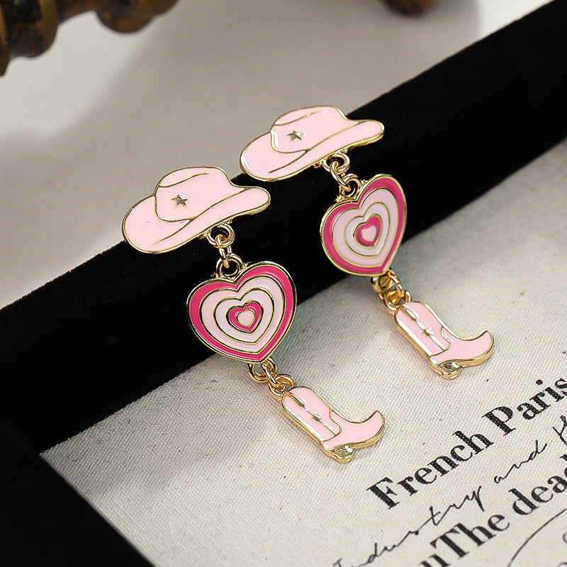 Wholesale Silver Needle Western Cowboy Style Hat Heart Cowboy Boots Oil Drop Earrings