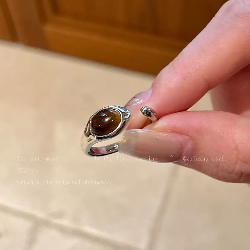 Wholesale Maillard Tiger Eye Stone Open Adjustable Ring Vintage Heavy Oval Ring