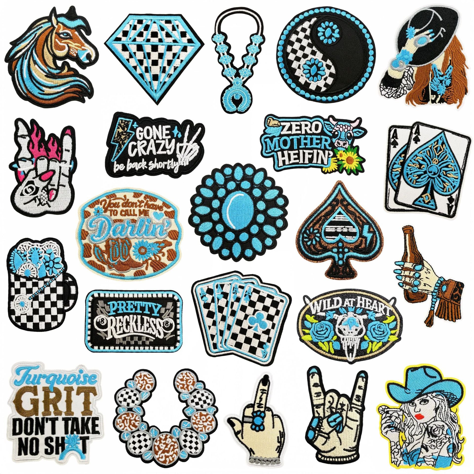 Wholesale Trendy Boho Turquoise Embroidered Patches Western Denim Patch Set 22 Pieces Decorative For Clothing Bags DIY Accessory