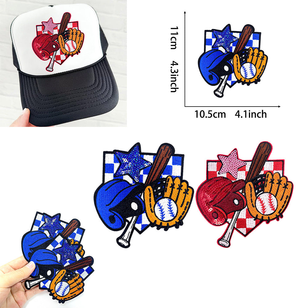 Wholesale Trendy Polyester Iron On Embroidery Patches DIY Baseball Helmet Star Plaid Red Blue Two Styles For Coat Decor And Fashion Accessory