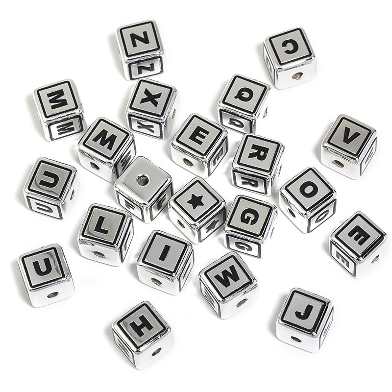 Wholesale 50pcs 14mm Acrylic Silver Base Black Letter Beads Square Beads DIY