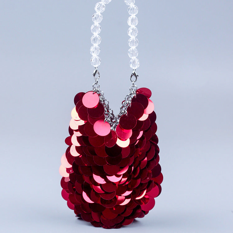 Wholesale Handmade bright red sequined beaded woven handbag shiny mobile phone bag banquet bag