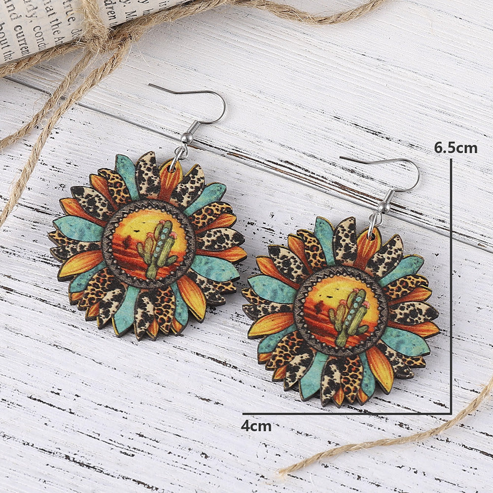 Wholesale Wooden Western Style Leopard Sunflower Cactus Drop Earrings Double Sided Printed Fashion Accessory Party Gift