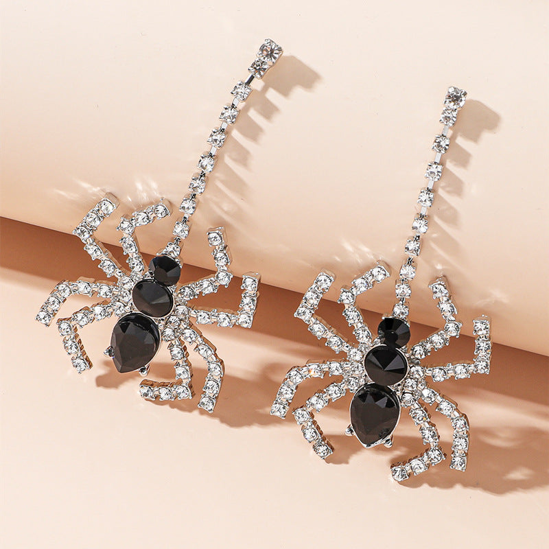 Wholesale 2pairs/pack Halloween Black Spider Black and White Water Diamond Long Metal Earrings