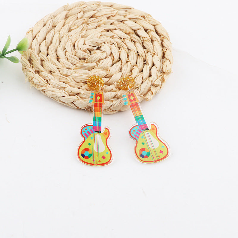 Wholesale 10pcs Music Festival Fashion Personality Rainbow Guitar Musical Instrument Earrings