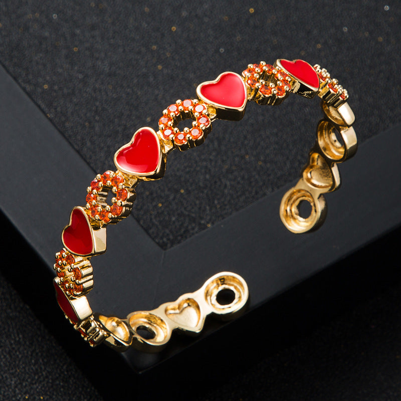 Wholesale  copper inlaid zircon enamel drop oil love heart bracelet Tennis bracelet Open bracelet