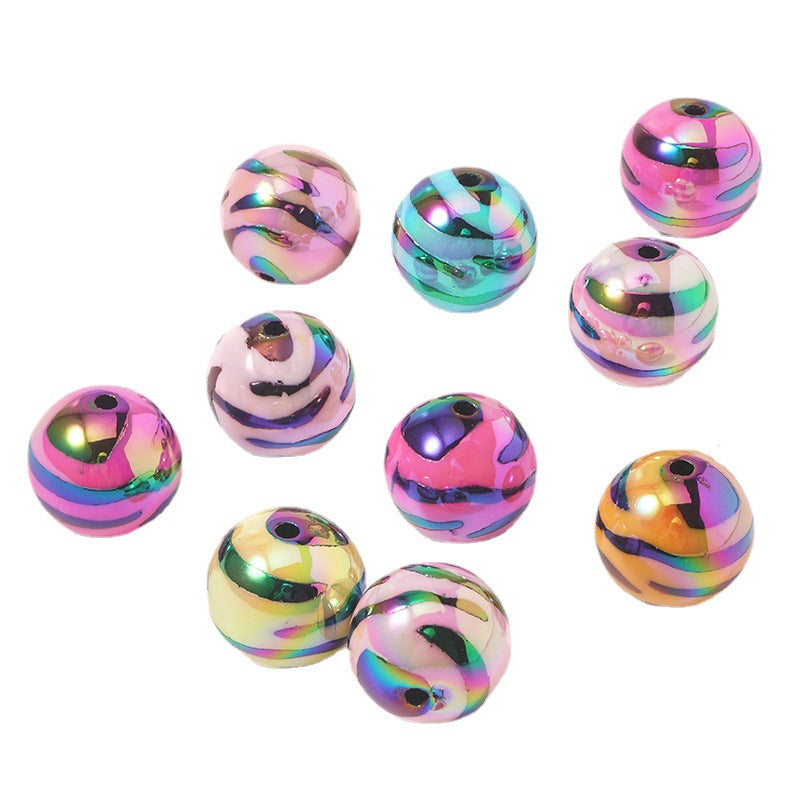 Wholesale 10PCS UV Plating Colorful Zebra Stripes Straight Hole Round Acrylic Beads