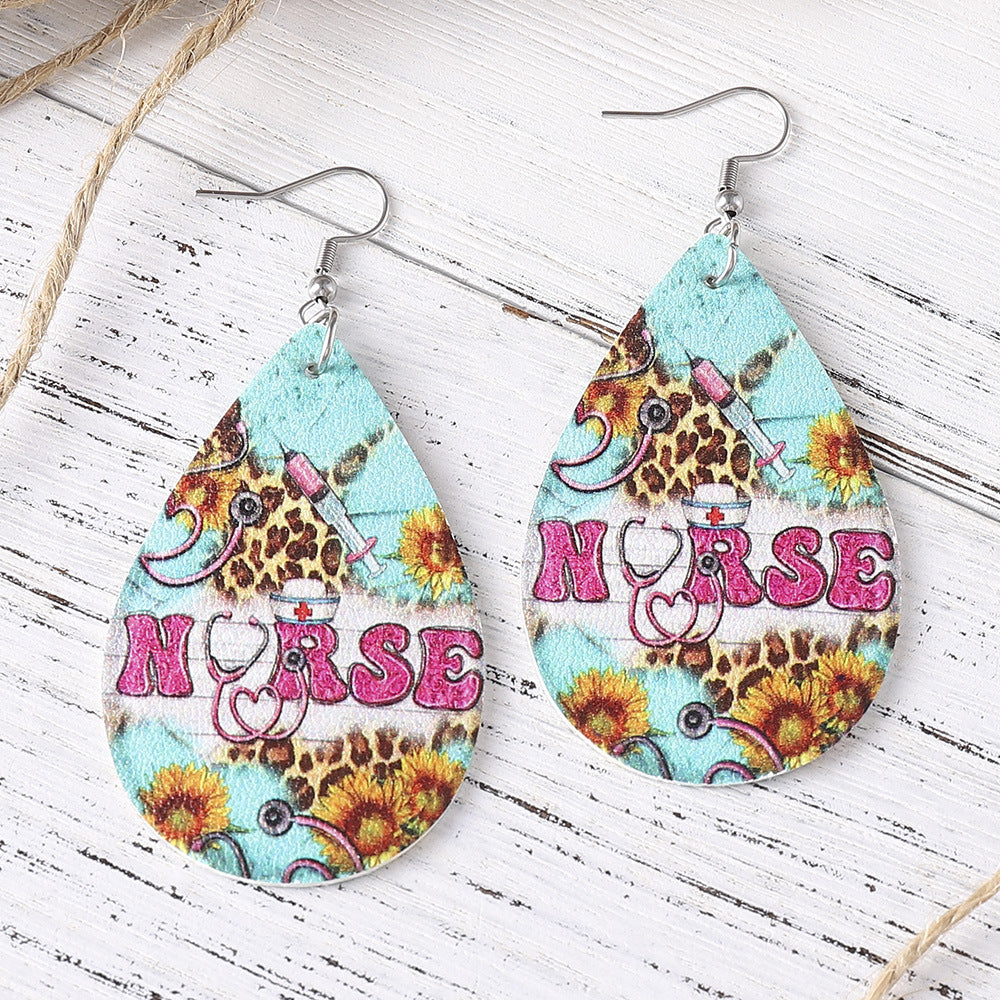 Wholesale Nurse' s Day western style leopard print sunflower  leather pendant earrings