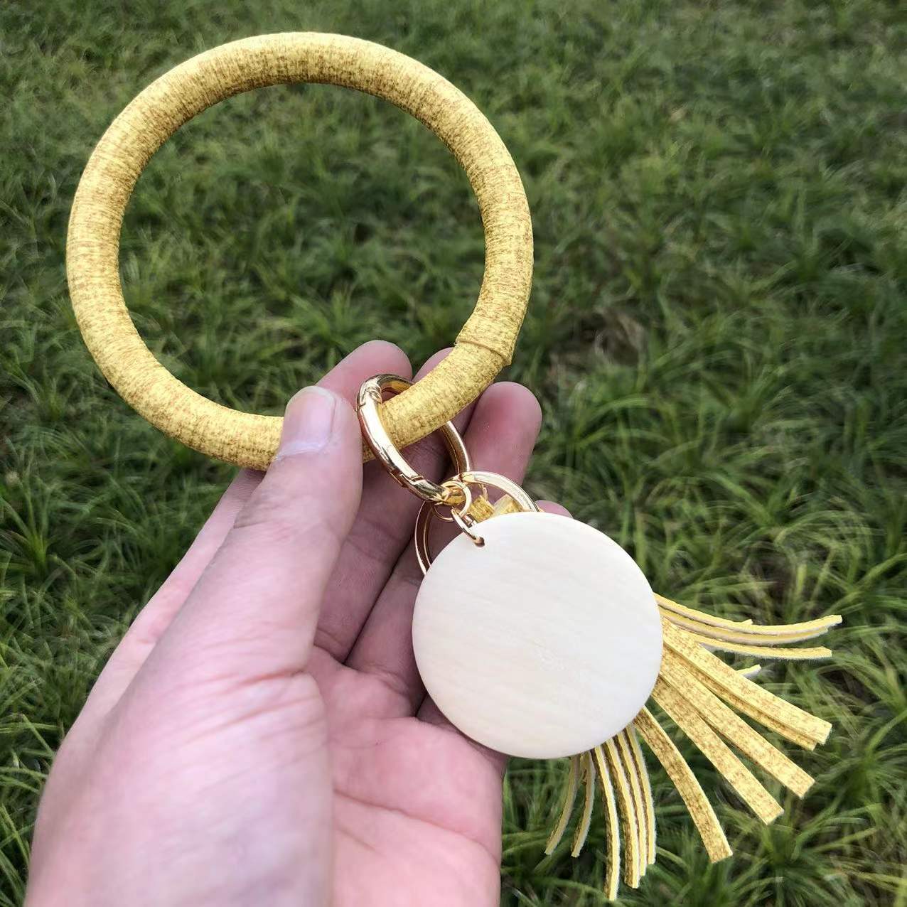 Wholesale Punk denim leather wristband tassel wooden pendant Wristlet Keychain