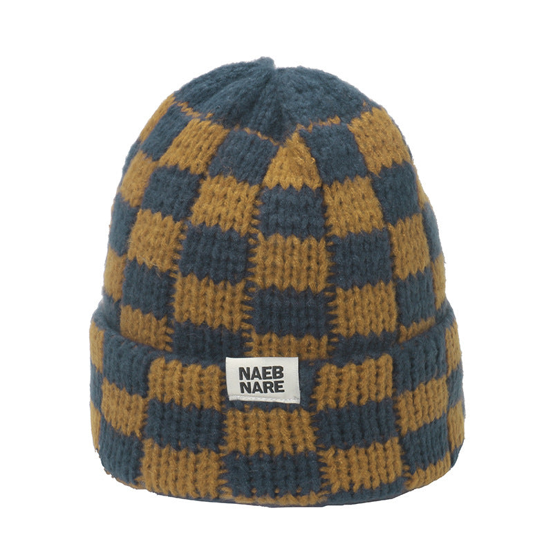 Wholesale Popular Niche Large Head Circumference Wool Thick Warm Checkerboard Plaid Knitted Hat