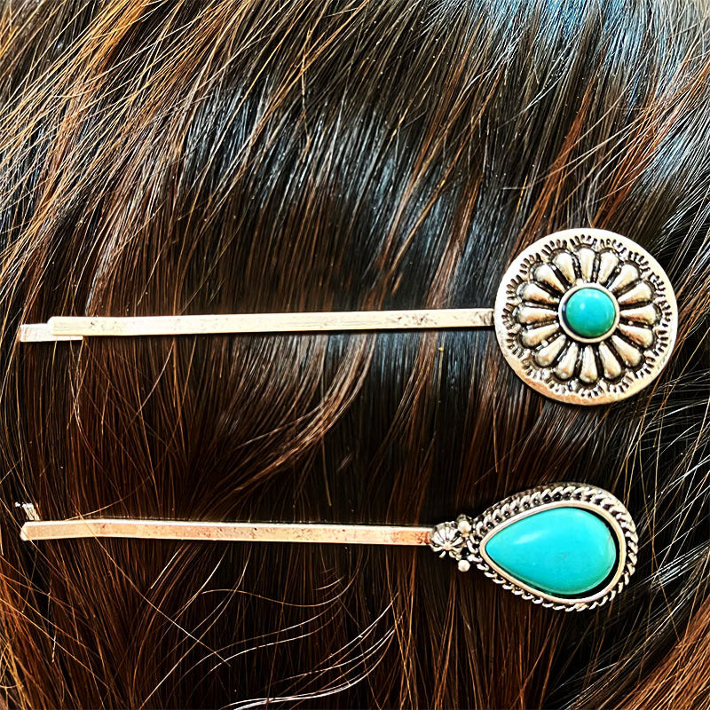 Wholesale Retro turquoise alloy flower western style hairpin
