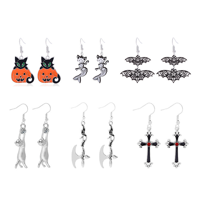 Wholesale Trendy  Earrings Set 6 Piece Alloy Cross Axe Cat Designs Boutique Resale