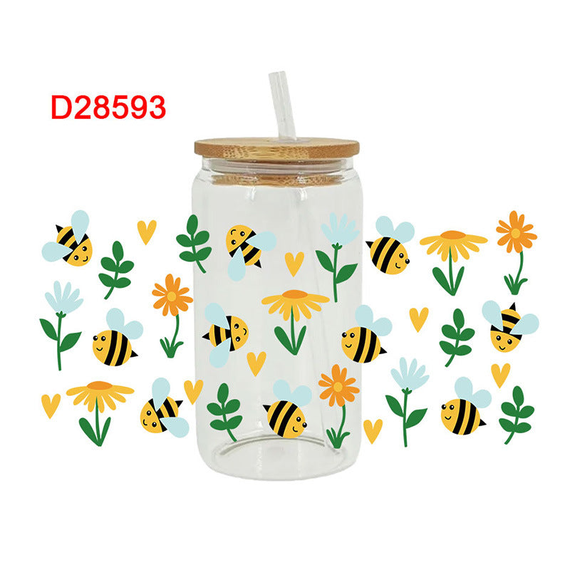 Wholesale Yellow Cartoon Busy Bee 16oz Cup UV DTF Wraps