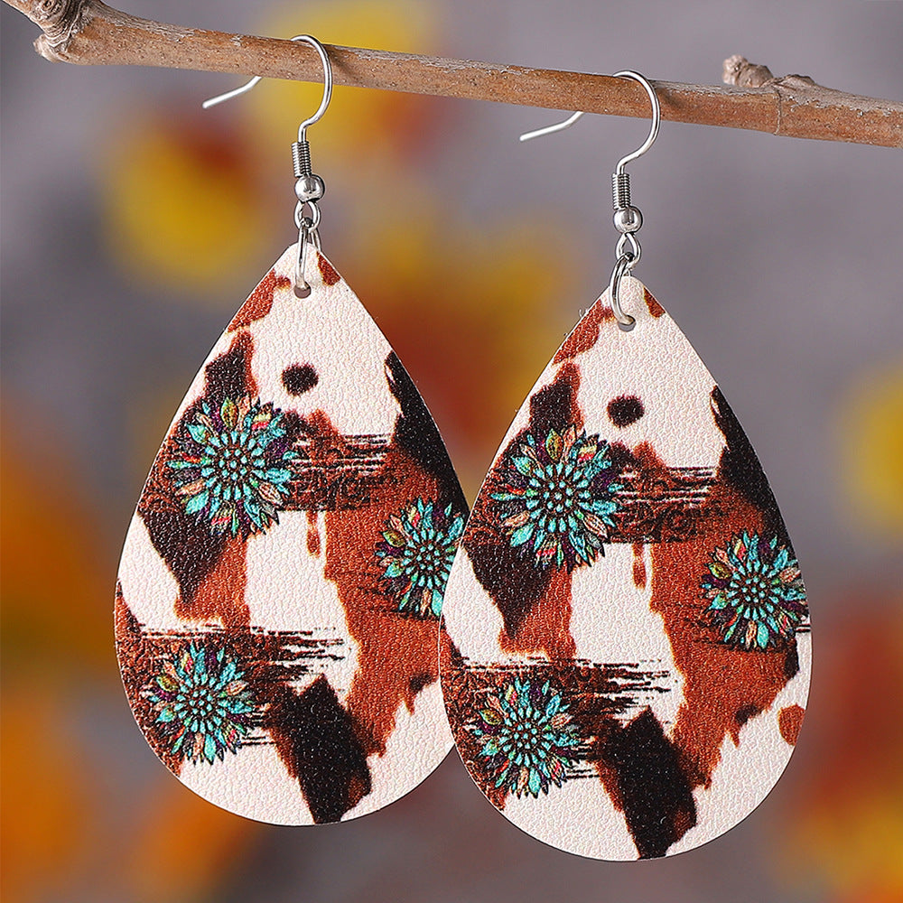 Wholesale cow pattern turquoise sunflower earrings double-sided PU leather drop earrings