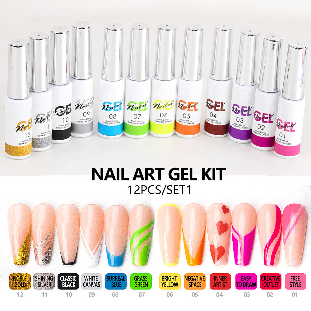Wholesale 12 Colors Painted Hook Line Glue Nail Stickers