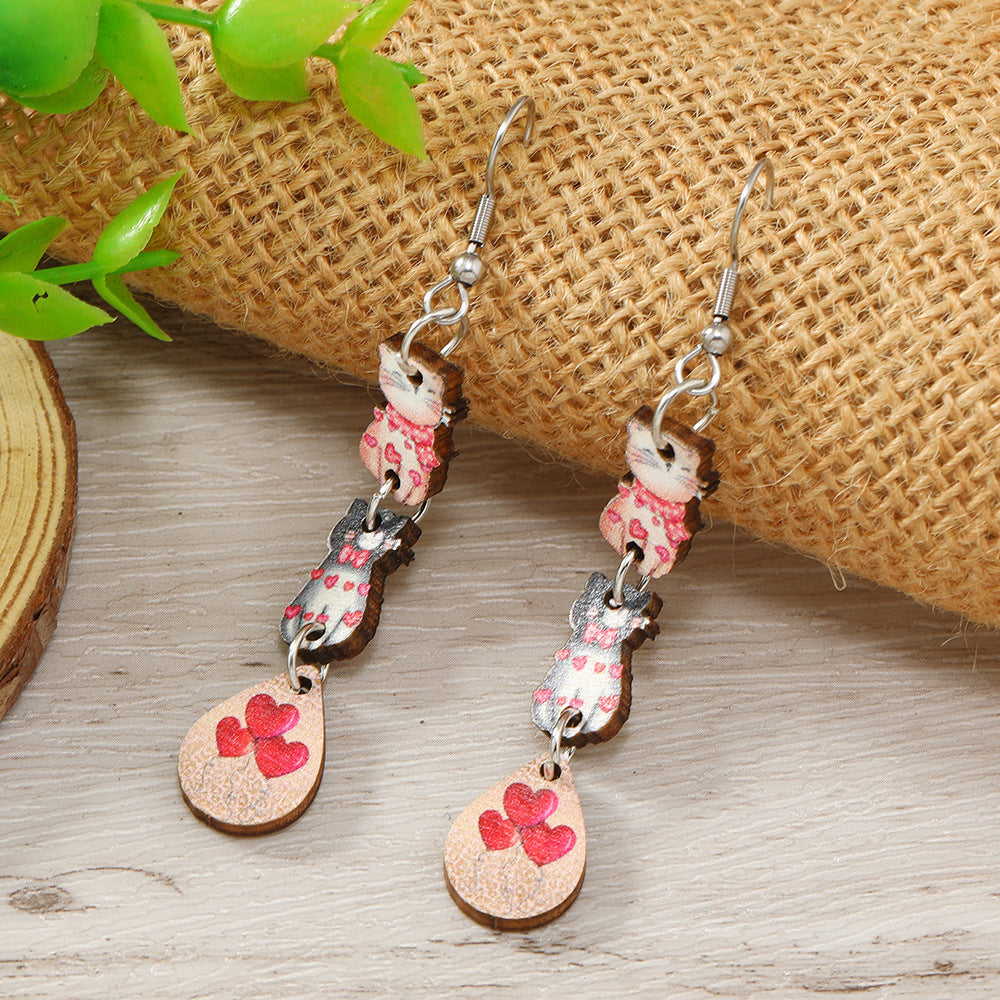 Wholesale Valentine's Day Printed Kitten Water Droplets Wooden Earrings