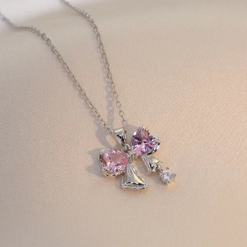 Wholesale Butterfly Full Diamond Pink Zircon Titanium Steel Necklace