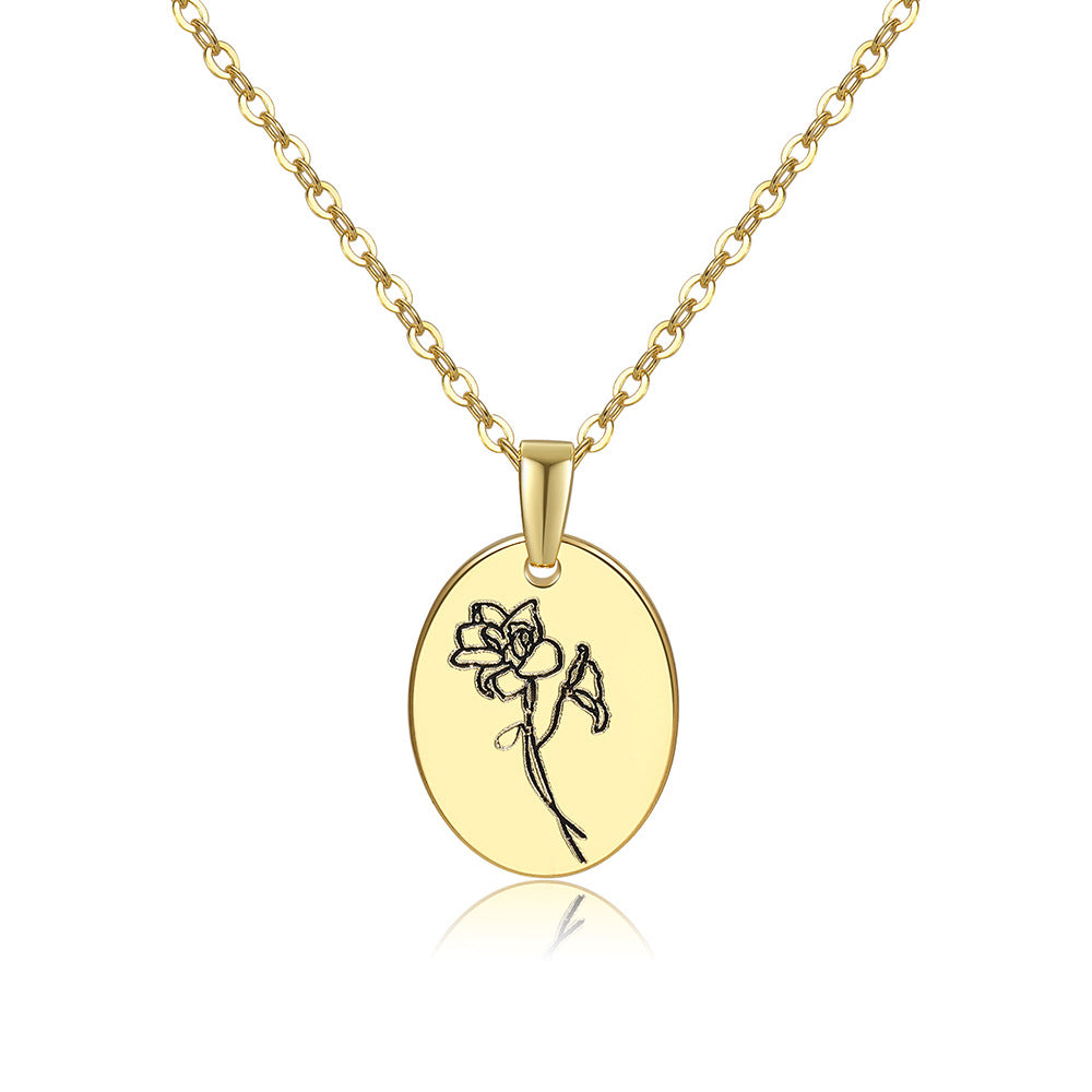 Wholesale Moon Flower Gold Plated Corrosion Pattern Oval Pendant Necklace