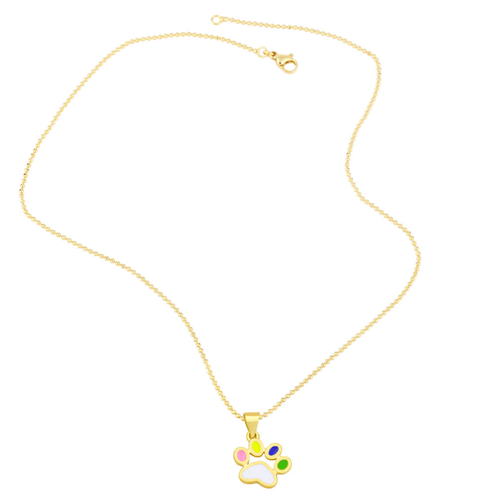 Wholesale colorful enamel dog paw print pendant clavicle chain simple sweater chain plated with 18K gold