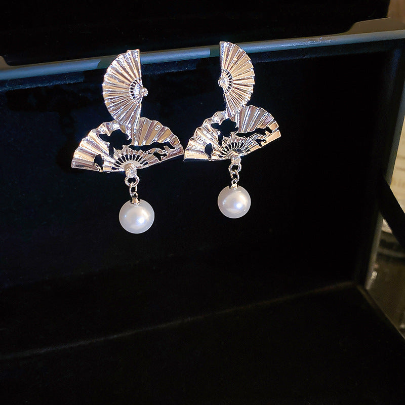 Wholesale New Chinese Style Lotus Fan Butterfly Pearl Tassel Temperament Fashion Niche High-end Earrings