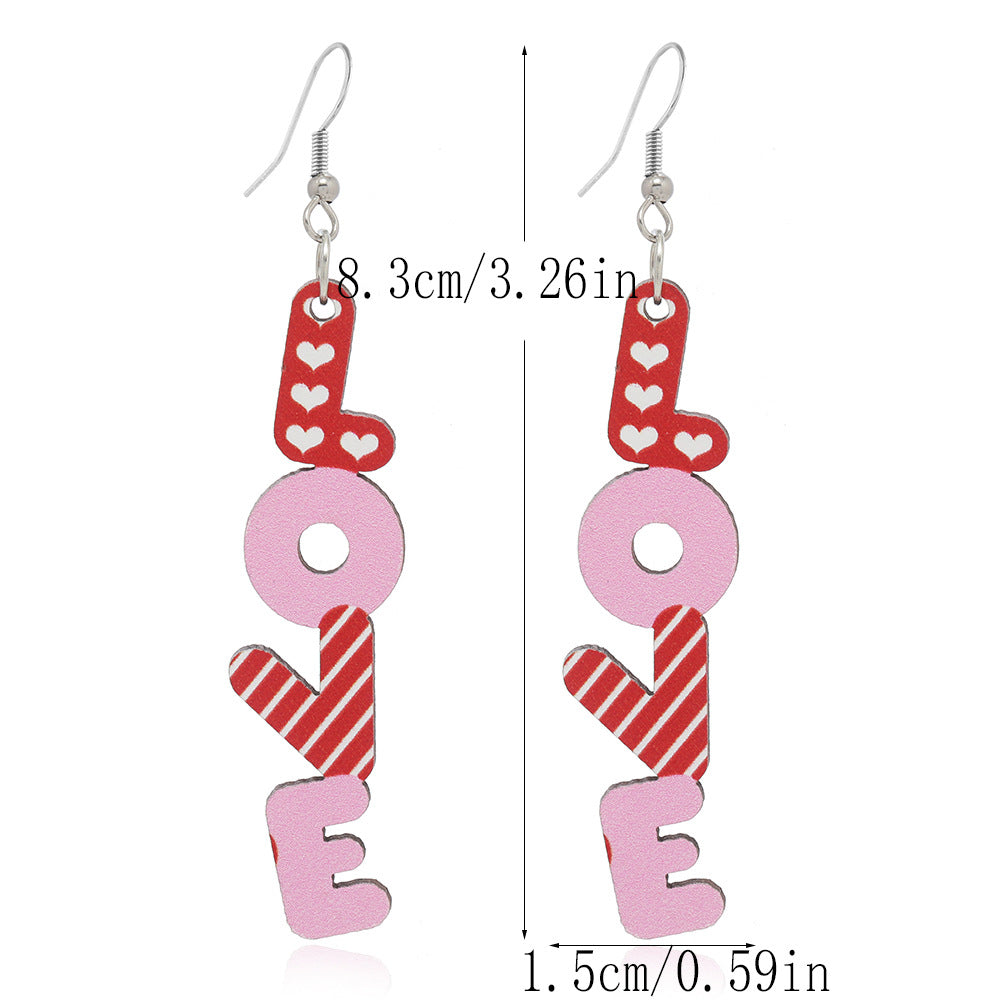 Wholesale Valentine's Day Pink Printed Love Heart-shaped Wooden Earrings