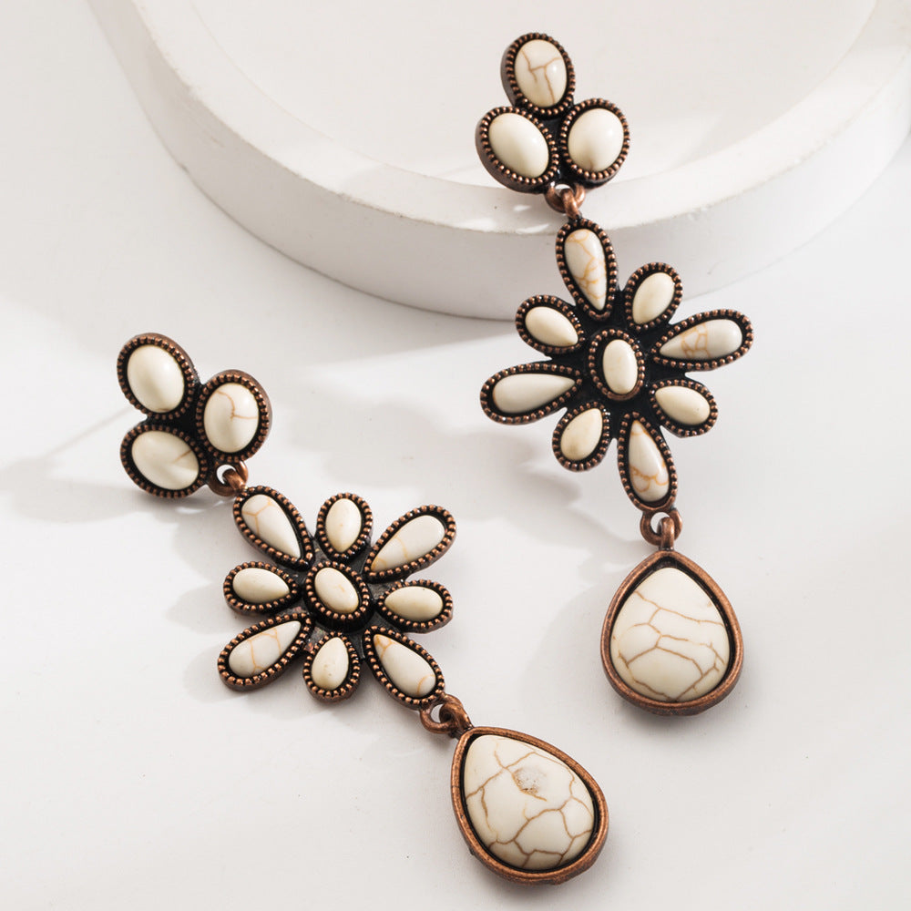 Wholesale Vintage cross inlaid turquoise earrings for women bohemian style