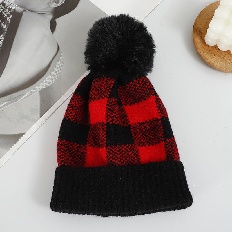 Wholesale Cold-proof Black and Red Plaid Knitted Hat with Ear Protection Wool Ball Beanie