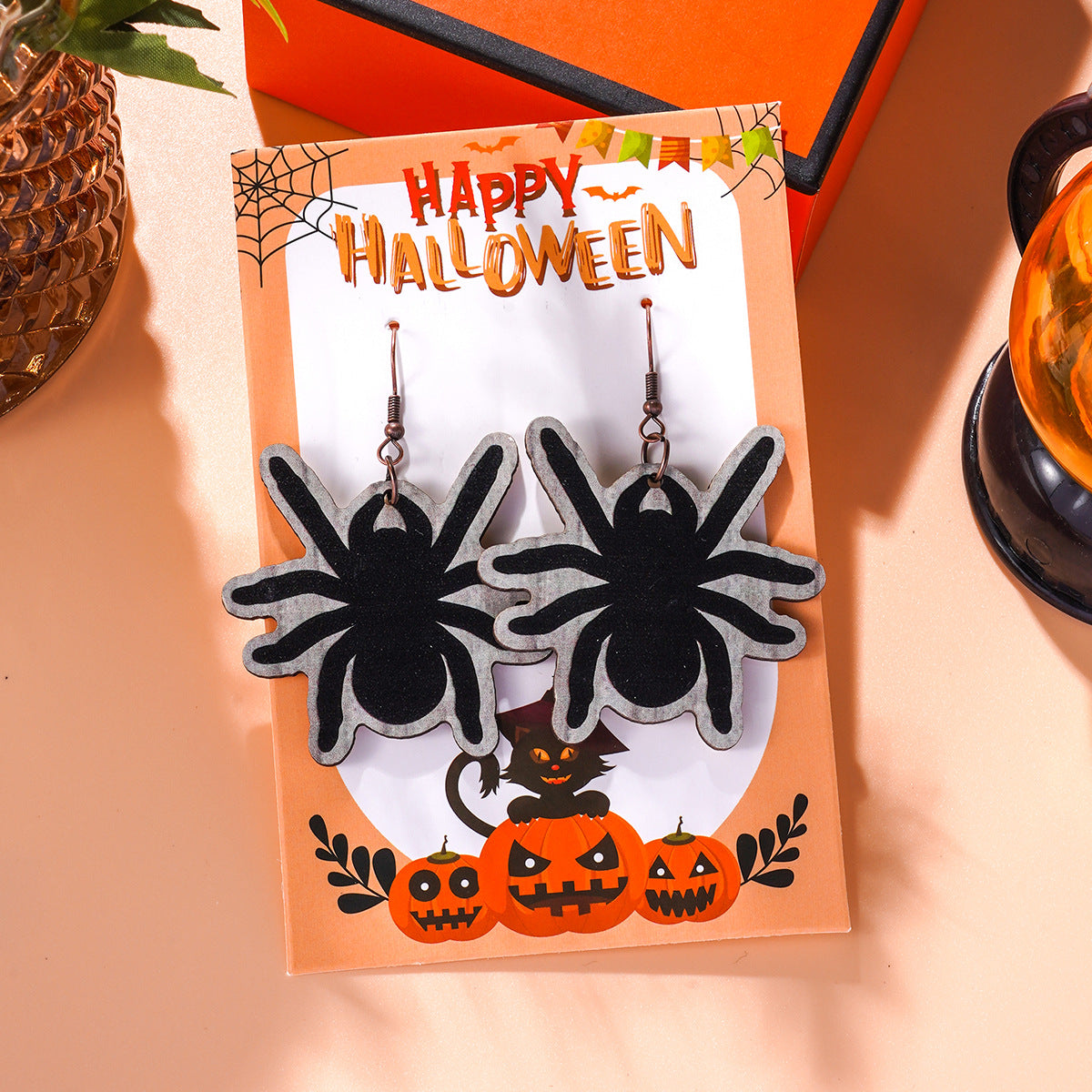 Wholesale Halloween Theme Funny Creative Cartoon Wooden Pumpkin Spider Kitten Earrings