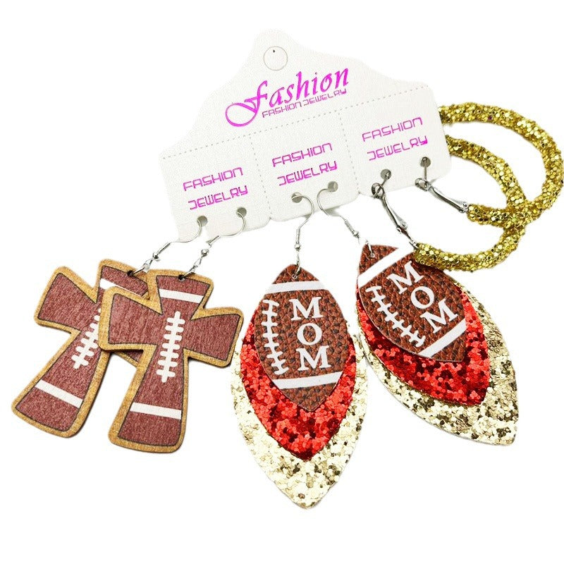 Wholesale 2 Sets Sports Rugby Field Cheer Football Cross Glitter Leather Earrings