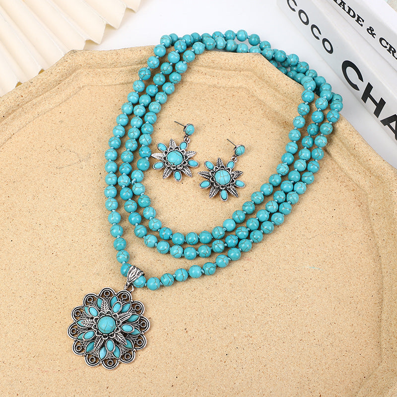 Wholesale Vintage three-layer flower earrings turquoise earrings