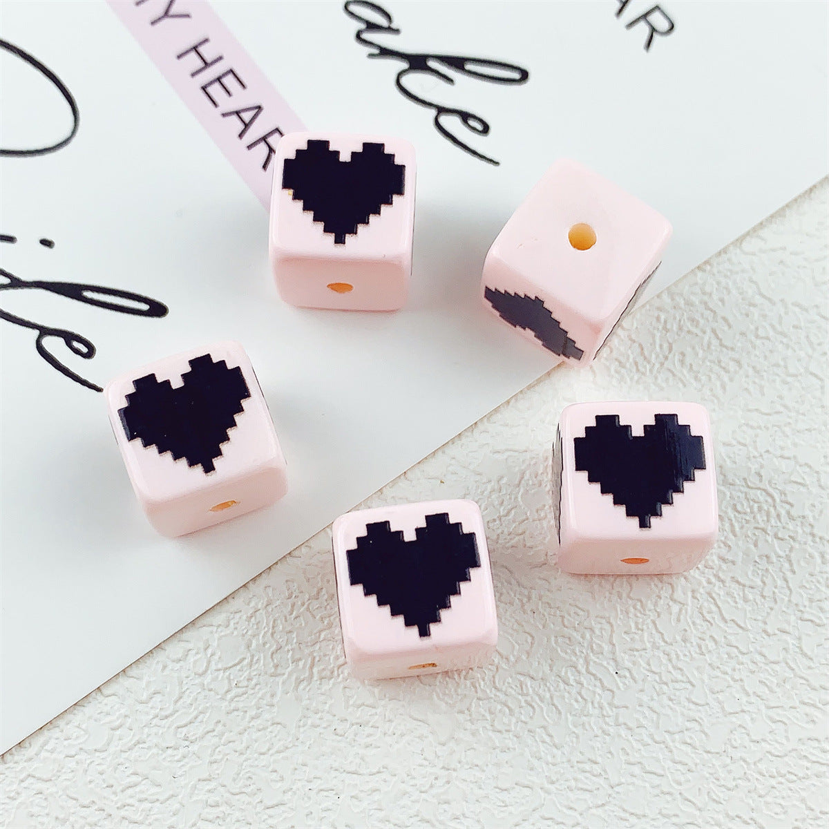 Wholesale 10pcs 14mm printed black and pink love bow flower square acrylic beads