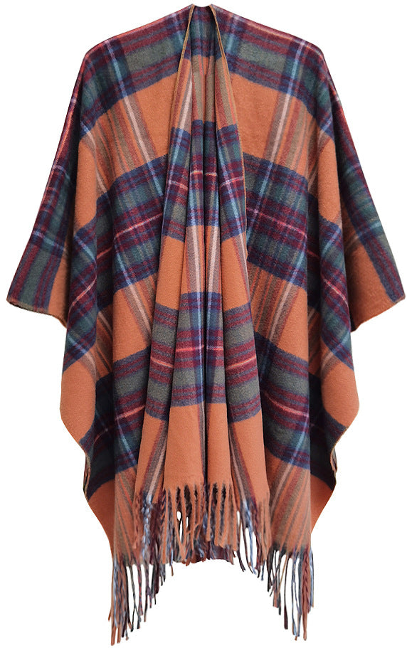 Wholesale Autumn and Winter Slit Cape Thickened Plaid Thorn Fringed Shawl