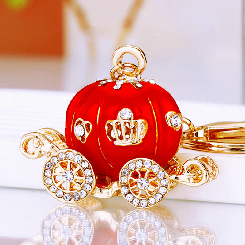 Wholesale Metal Rhinestone Pumpkin Carriage Keychain Bag Charm Pink Car Key Accessory Decorative Gift