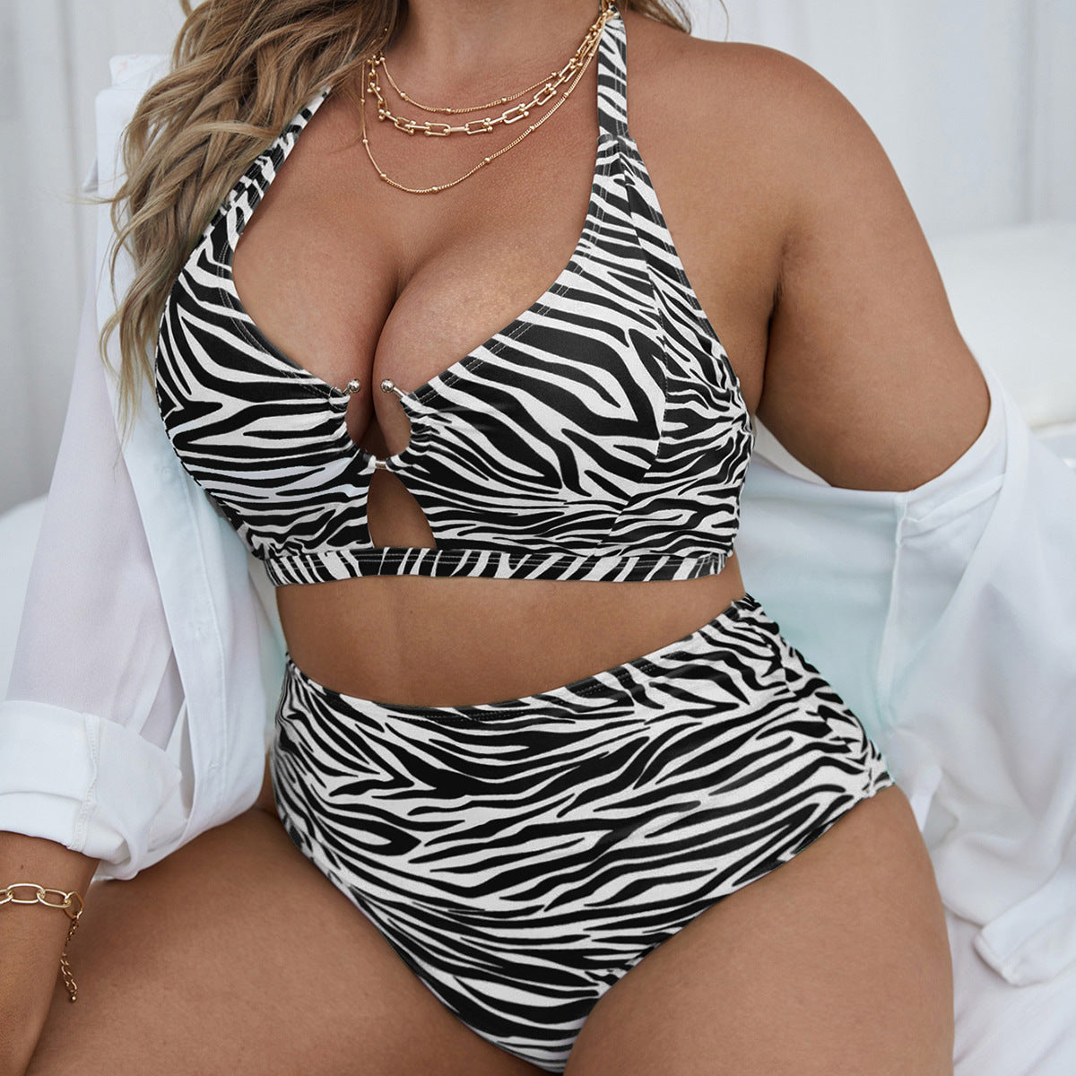 Wholesale Large Size Striped Zebra Print High Waist Split Swimwear