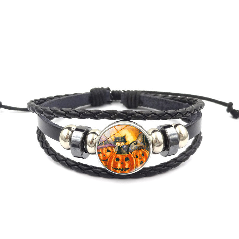 Wholesale Halloween Pumpkin Time Stone Leather Beaded Alloy Bracelet