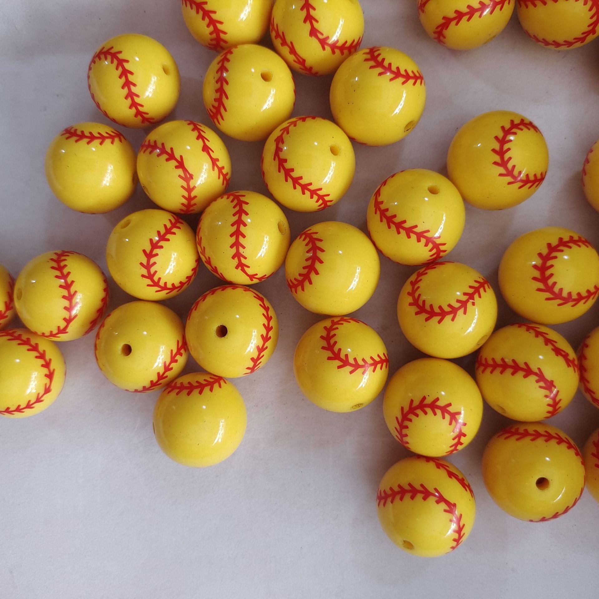 Wholesale 5pcs 20mm Acrylic Yellow Baseball Print Beads