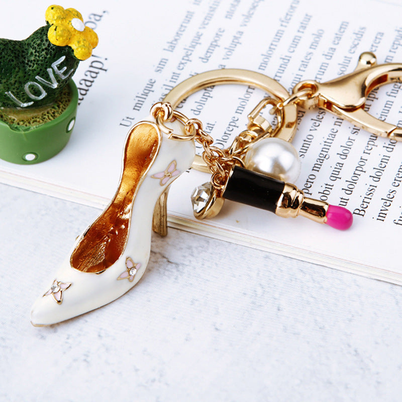 Wholesale Wave dot high heels rhinestone metal keychain