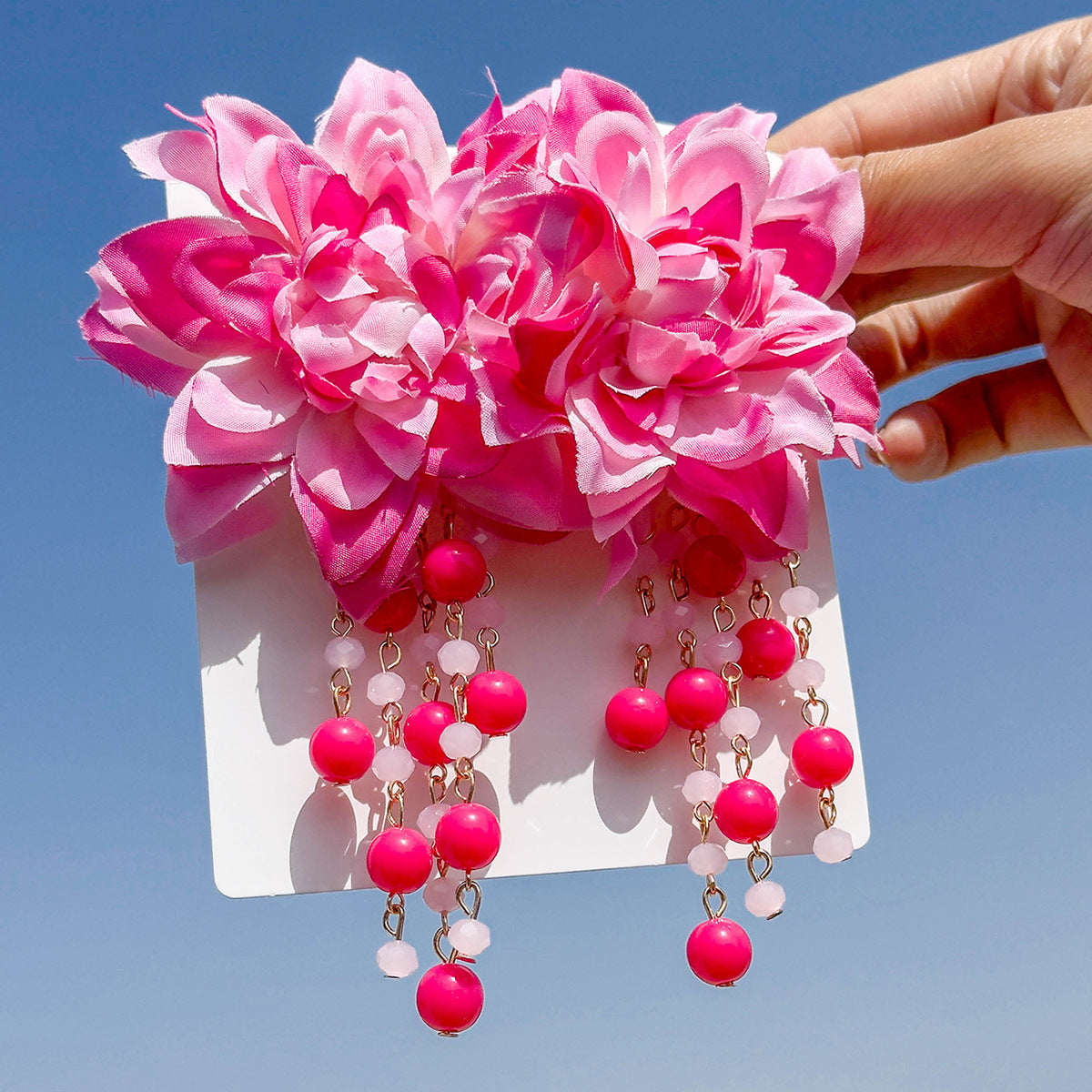 Wholesale Fabric flower tassel beaded earrings