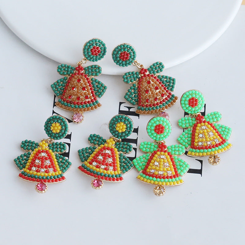 Wholesale Christmas Alloy Rice Beads Diamond Bell Earrings
